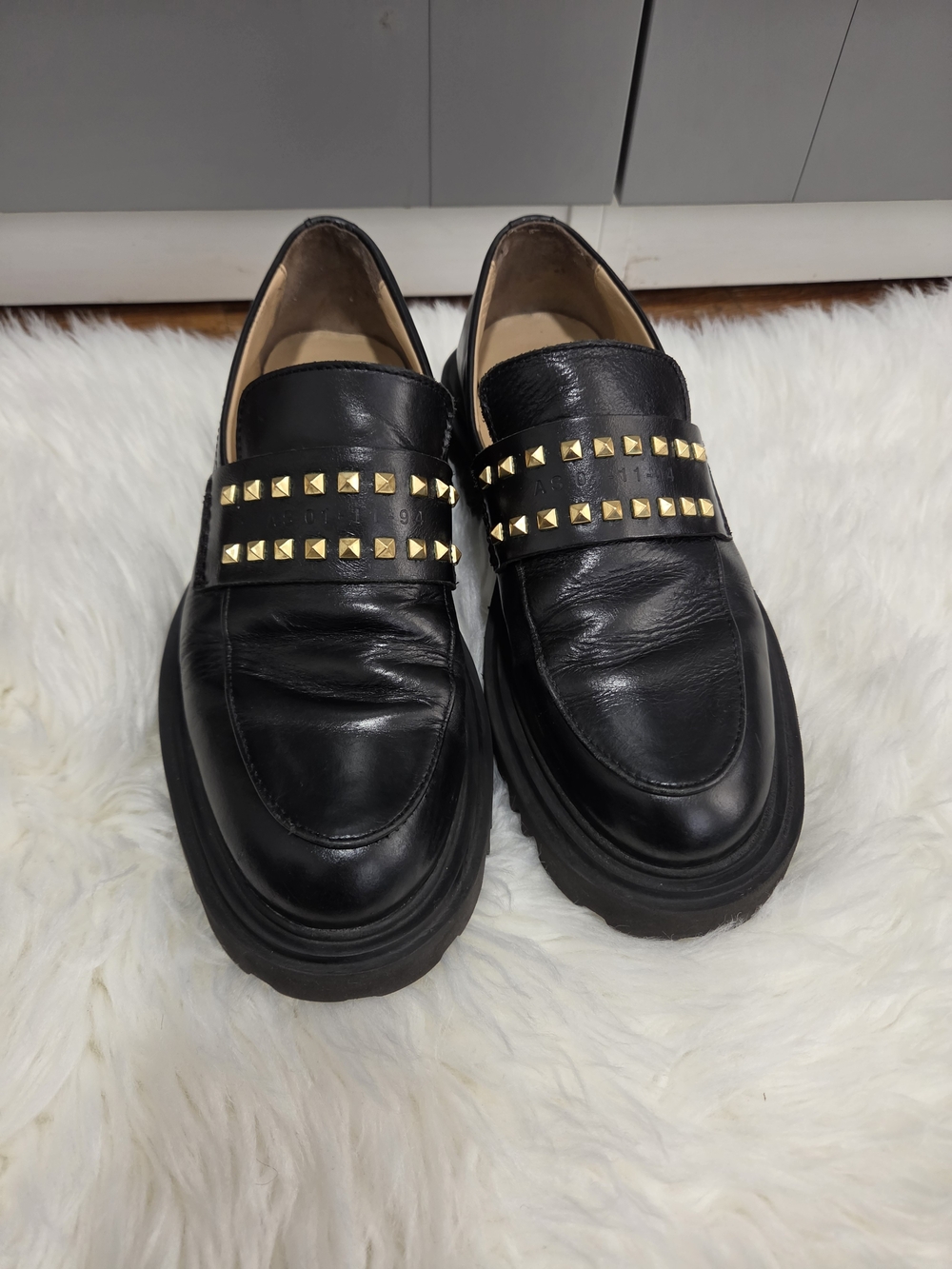 All Saints Lola  Studded  Black Leather Loafers with Gold Stud Detailing Size 38